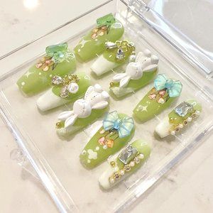 Hand-made delicate and sweet green/white press on nails with dimond bow, rabbit